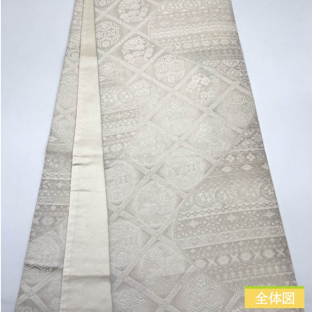Fukuro Obi, pure silk, chalk color, flower circle pattern, diamond pattern, obi length 460cm, A rank, full length, semi-formal, white, 1123012213411