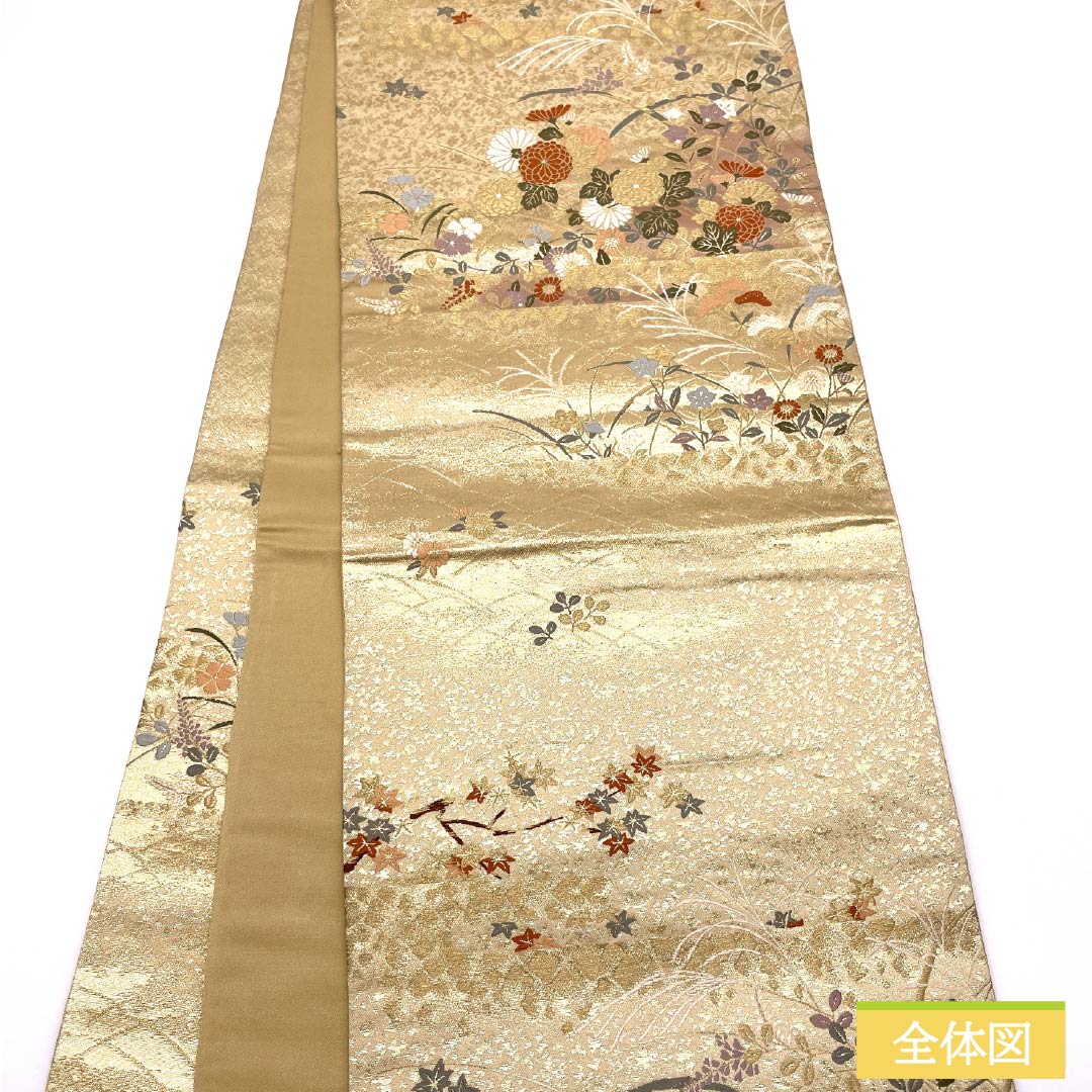 Fukuro Obi, Pure Silk, Four Seasons Flowers, For Tomesode, Length 428cm, S Rank, Six-way, Formal, Gold, 1123014032321