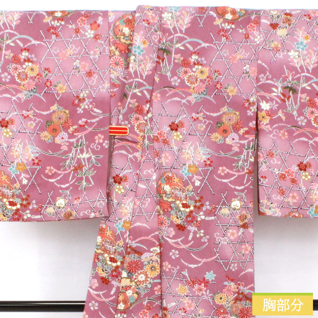 Small pattern, polyester, length 169.5cm, sleeve length 64.5cm, lined, Kyoto wisteria color, washable kimono, floral pattern, A rank, purple, 1115004623520