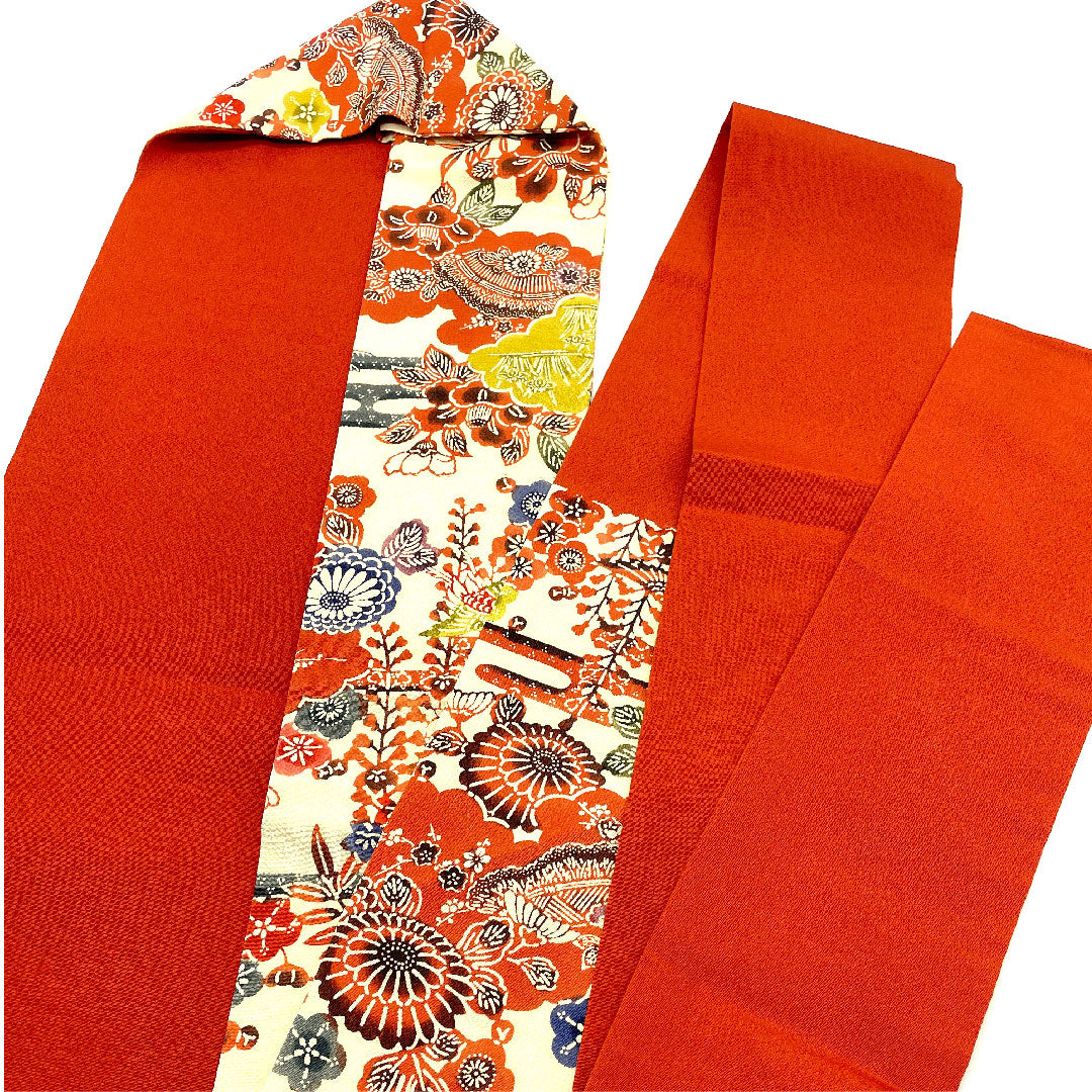名古屋帯 京紅型 染め帯 縮緬 草花模様 帯丈395.5cm 正絹 Aランク 六通 カジュアル クリーム系 1124001963315  名古屋仕立て