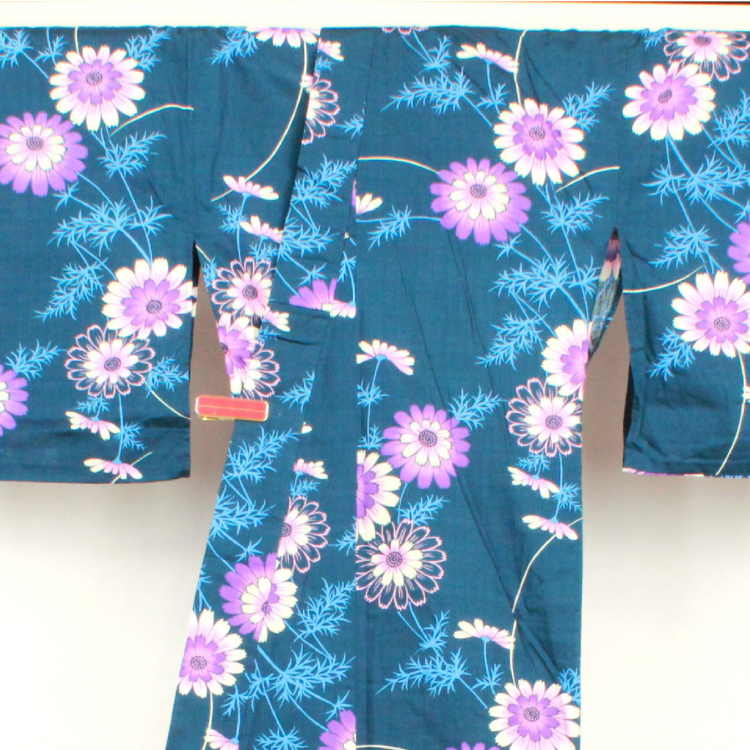 Yukata, deep blue, cosmos, cotton, A rank, single layer, length 163cm, sleeve length 66.5cm, navy blue, 1118000963418