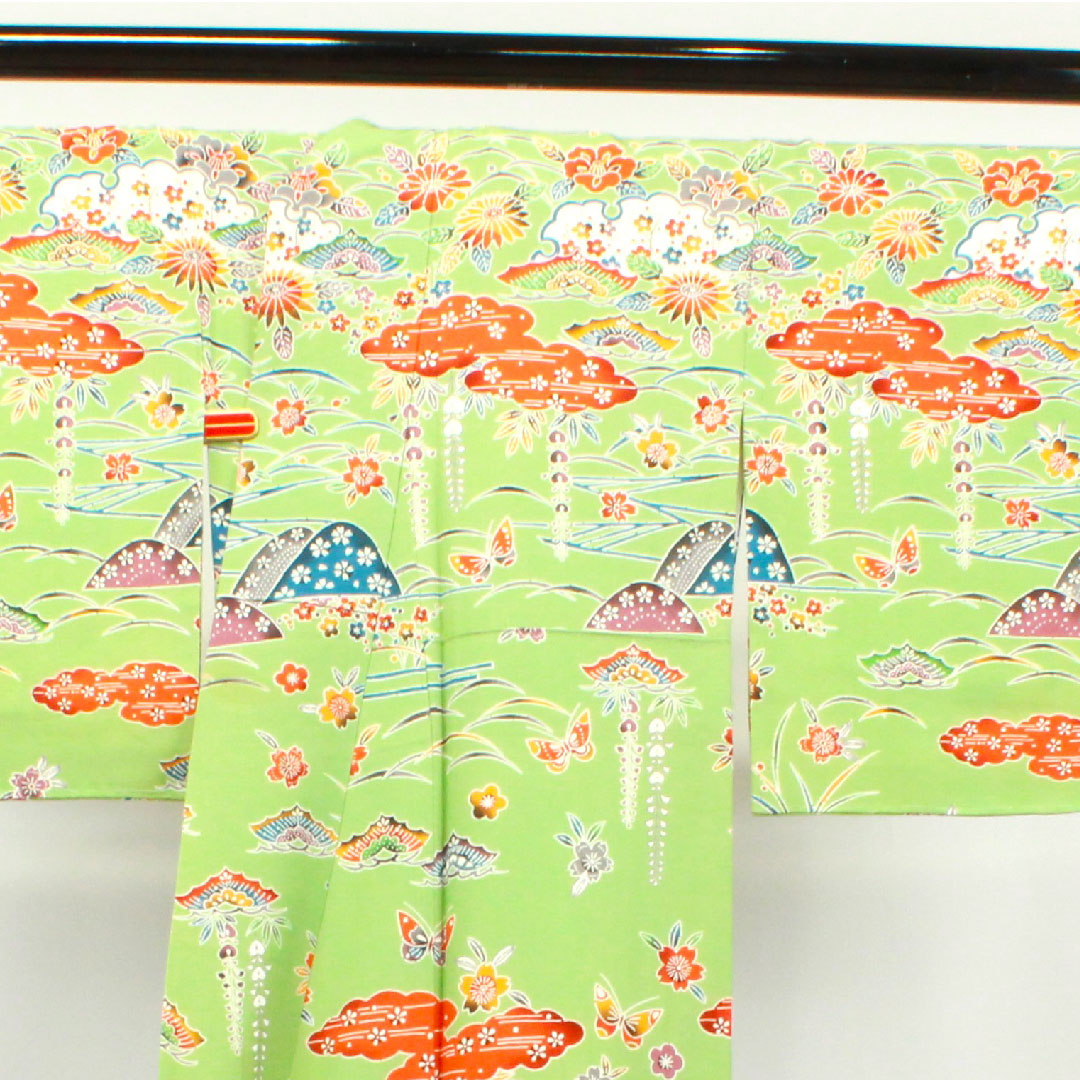 Homongi, pure silk, lined, length 162.5cm, sleeve length 65cm, light green, Kyoto Bingata, auspicious motif, with basting thread, S rank, green, 1112003222419