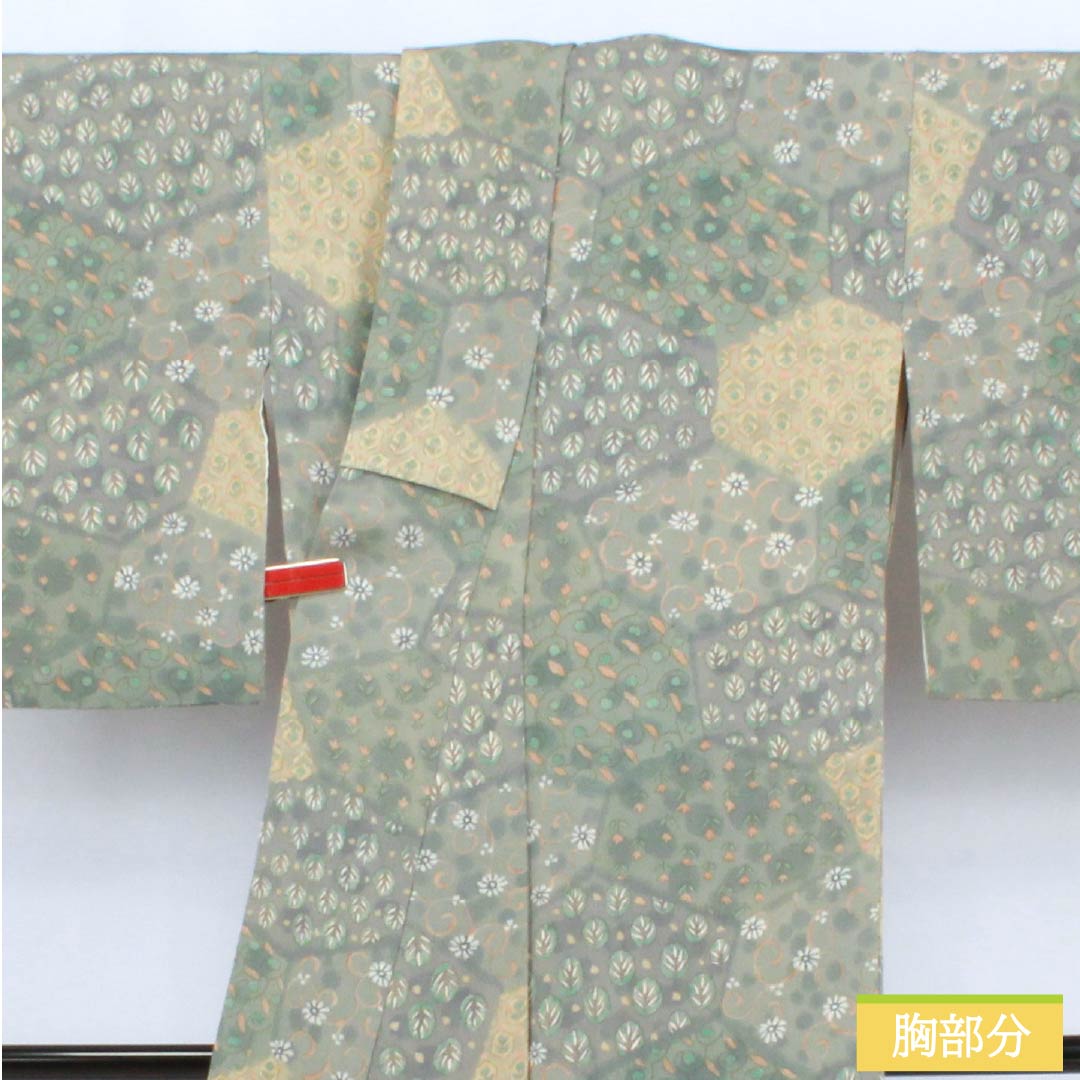 Komon silk S-rank kimono, length 159cm, sleeve length 64cm, lined, Rikyu gray (Rikyu Nezumiiro) crepe fabric, split, chintz, stencil dyed, green, 1115006522319