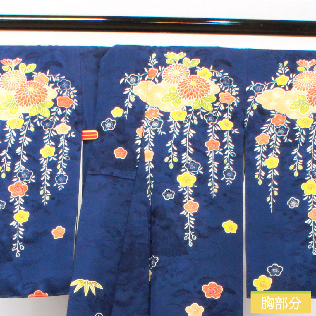 Homongi, pure silk, lined, length 168cm, sleeve length 63.5cm, deep bellflower color, Kyoto Yuzen, chrysanthemum, plum, A rank, navy blue, 1112003393518