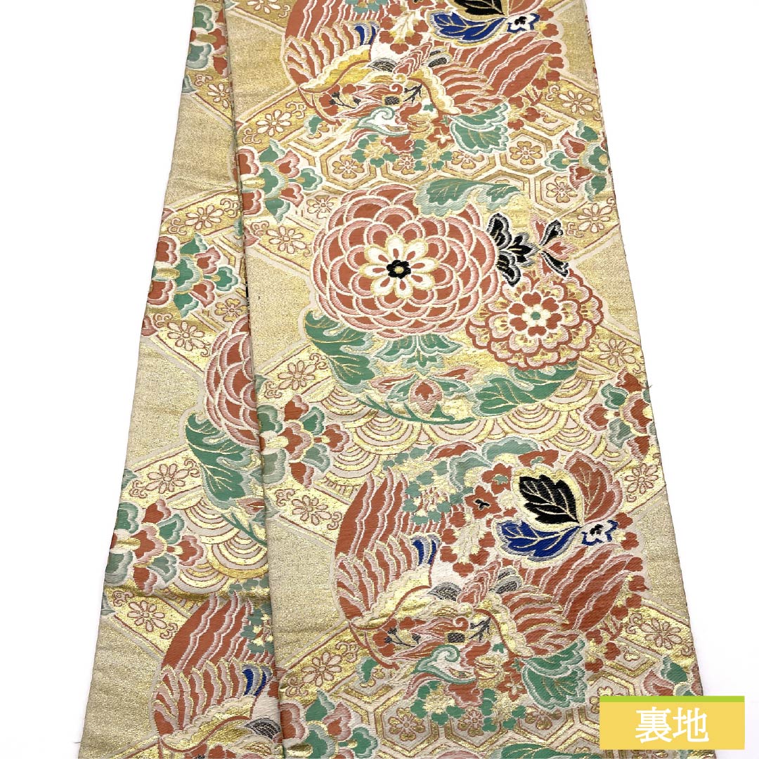 （丸帯）袋帯 正絹 Aランク 丸帯 留袖用 古典柄 鶴 菊 帯丈376cm 全通 フォーマル 金系 1123015773321