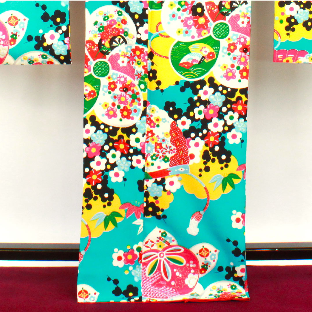 振袖 身丈170cm 裄丈70cm 袷  新橋色 洗える着物 梅  ポリ Sランク 青系 1113000982617