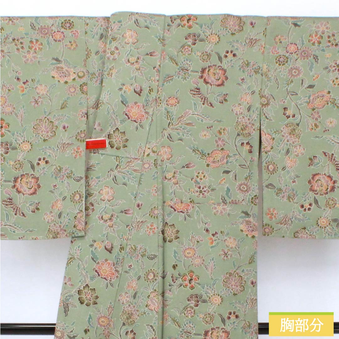 Komon (small pattern) silk, S rank, length 156.5cm, sleeve length 63cm, lined, Rikyu gray (Rikyu mouse color), chintz, green, 1115007162319