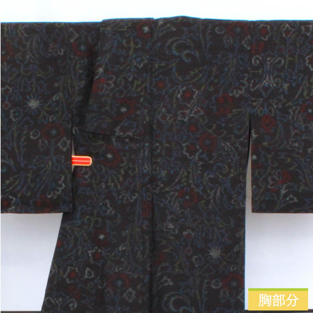 Pure silk tsumugi (pongee) kimono, S-rank, length 157cm, sleeve length 66cm, colored in aisumi brown with an abstract pattern, navy blue, single layer, product number 1116004152318