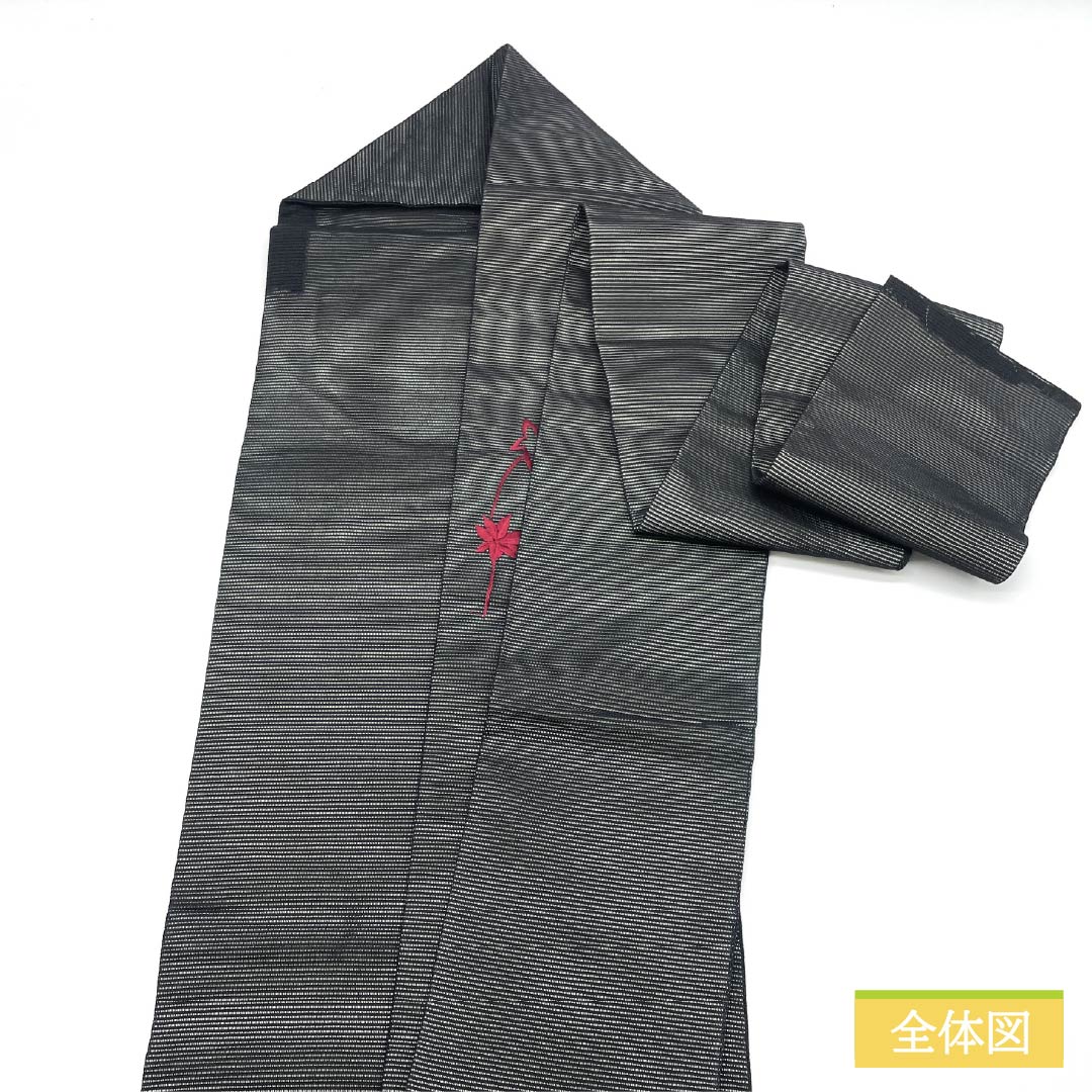 Nagoya Obi, Pure Silk, Summer Obi, Autumn Leaves Embroidery, Obi Length 367cm, S Rank, Point Pattern, Semi-Formal, Black, 1124006752310, Nagoya Made