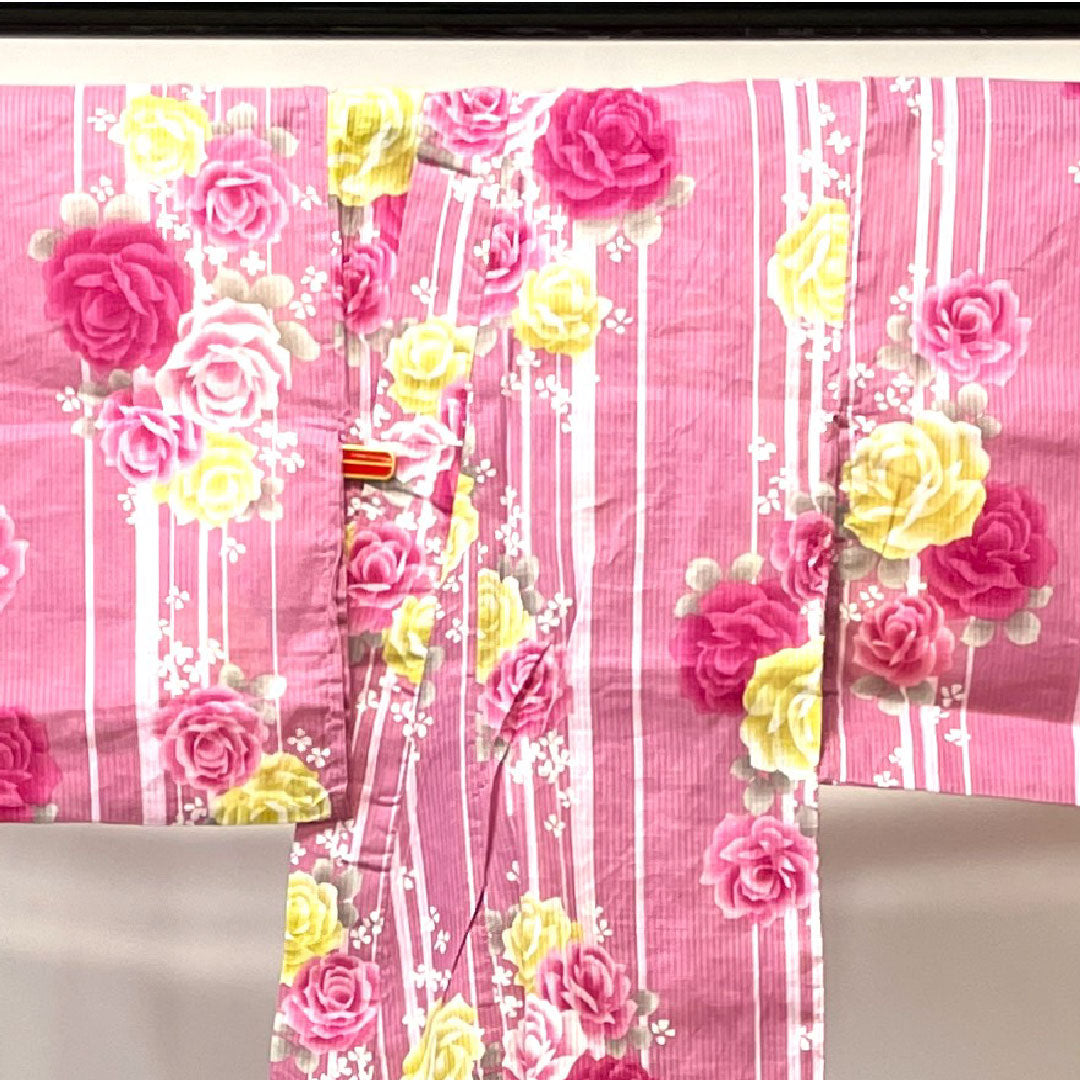浴衣 撫子色 薔薇 縞 木綿 Aランク 単衣 身丈165.5cm 裄丈66cm ピンク系 1118002233513