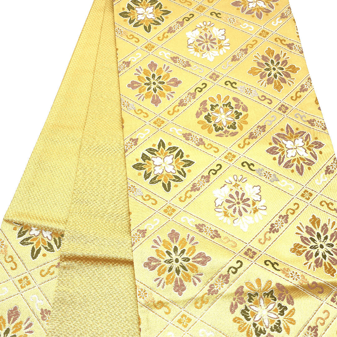 【Unhemmed】Fukuro Obi Silk NEW Rank Floral Hishimon Hitotsuginu Obi Length 452cm Rokutsu Semi-formal Yellow 1123002511423