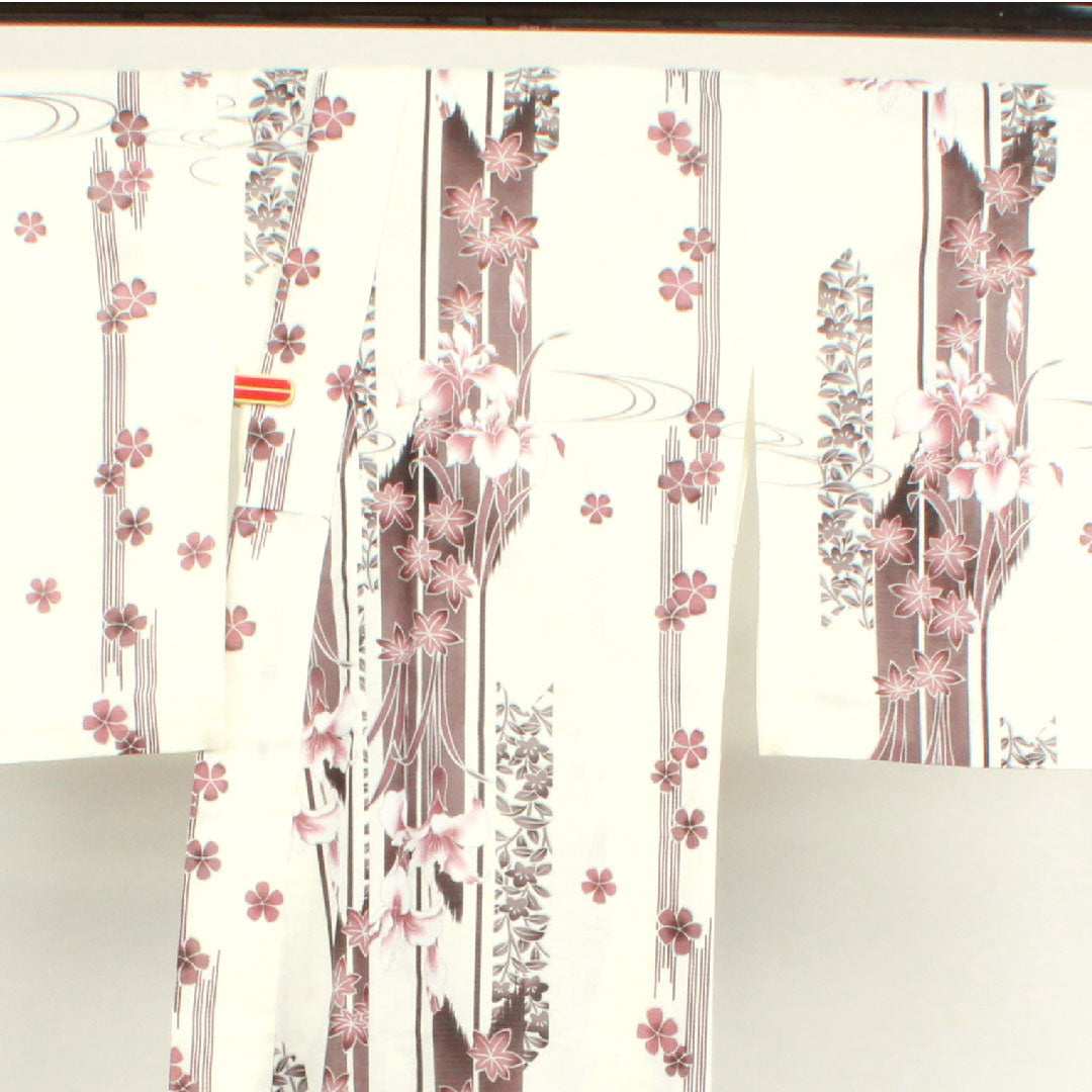 Yukata, cherry blossom, iris, autumn leaves, cotton, A rank, single layer, length 161cm, sleeve length 66.5cm, white, 1118003203411