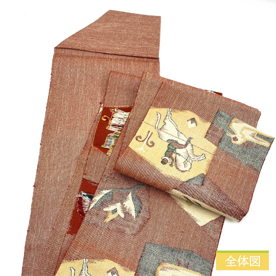 Nagoya obi, cinnabar color, pongee fabric, horse riding, bird, obi length 359.5cm, pure silk, S rank, six-pass, casual, vermilion, 1124007492316, Matsuba style