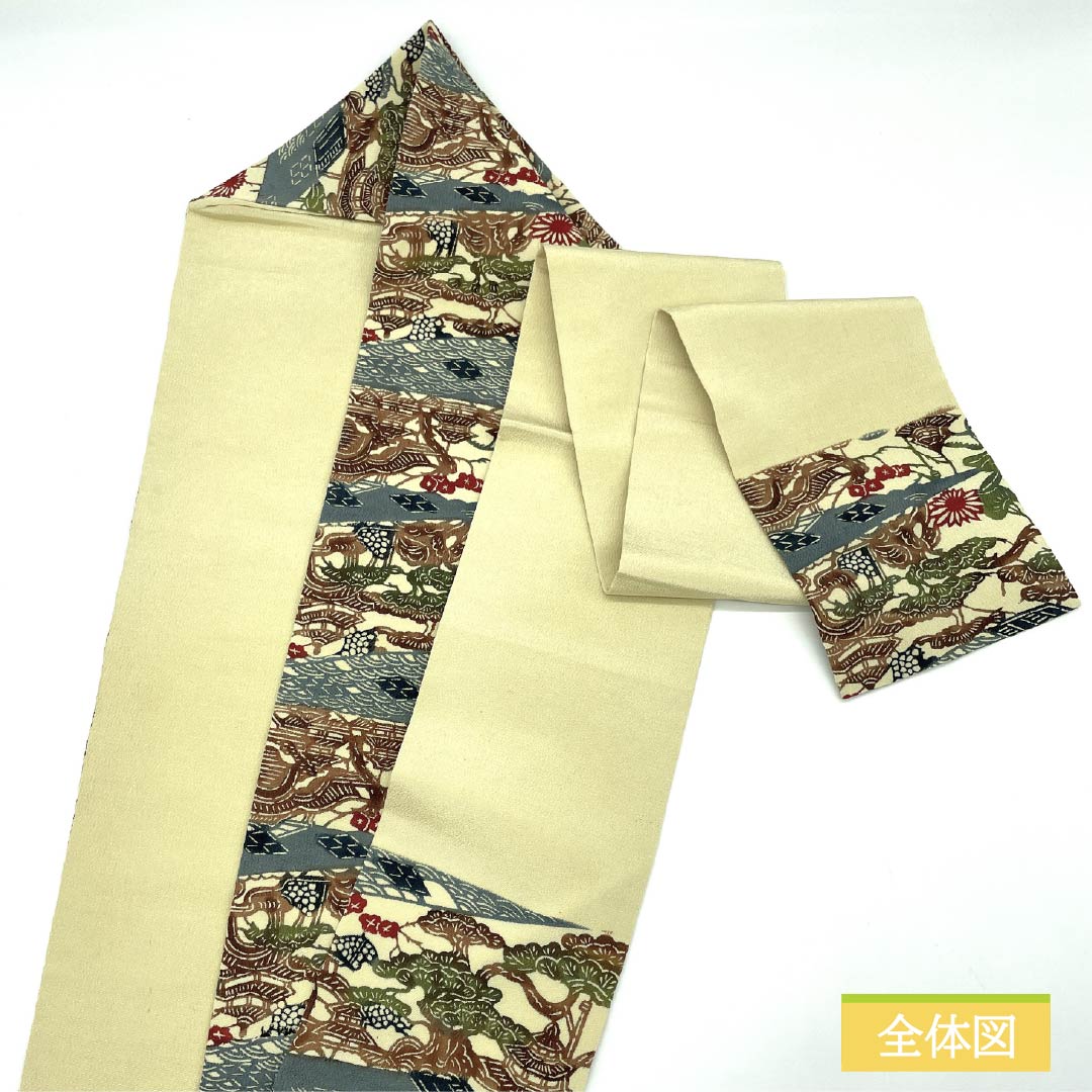名古屋帯 正絹 魚子黄色（ぎょしこういろ） 京紅型 紅型調模様 風景模様 帯丈341cm Aランク 六通 セミフォーマル ベージュ系 1124007213325 名古屋仕立て