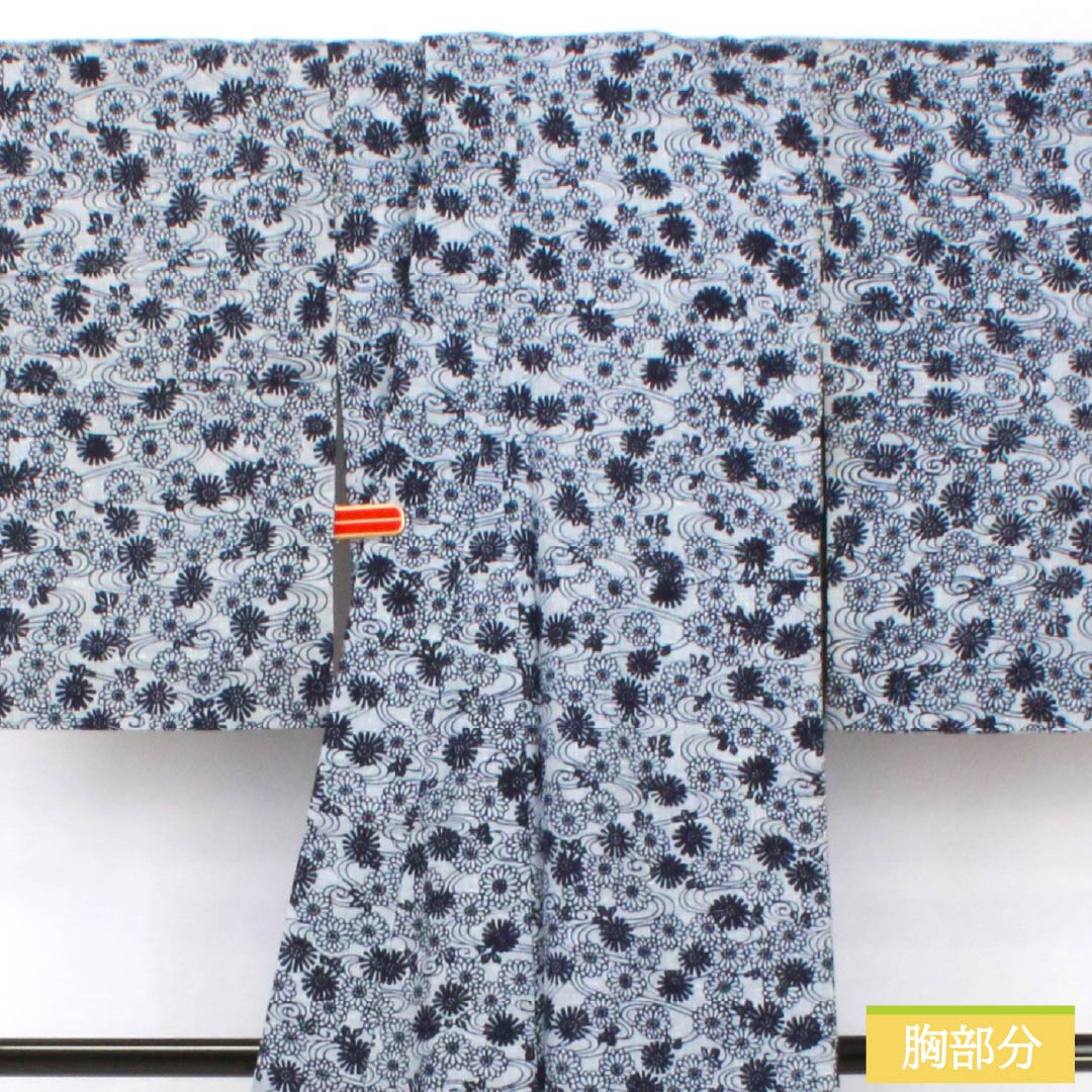 浴衣 木綿 身丈154cm 裄丈62cm Bランク 単衣 グレー系 水銀色（すいぎんいろ） 菊 流水 1118005914222