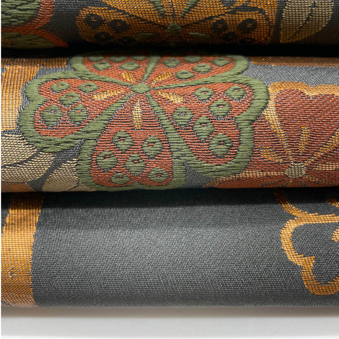 名古屋帯 京袋帯 具墨色 桜 井桁 帯丈374cm ポリ Aランク 六通 セミフォーマル グレー系 1124003313322  開き仕立て