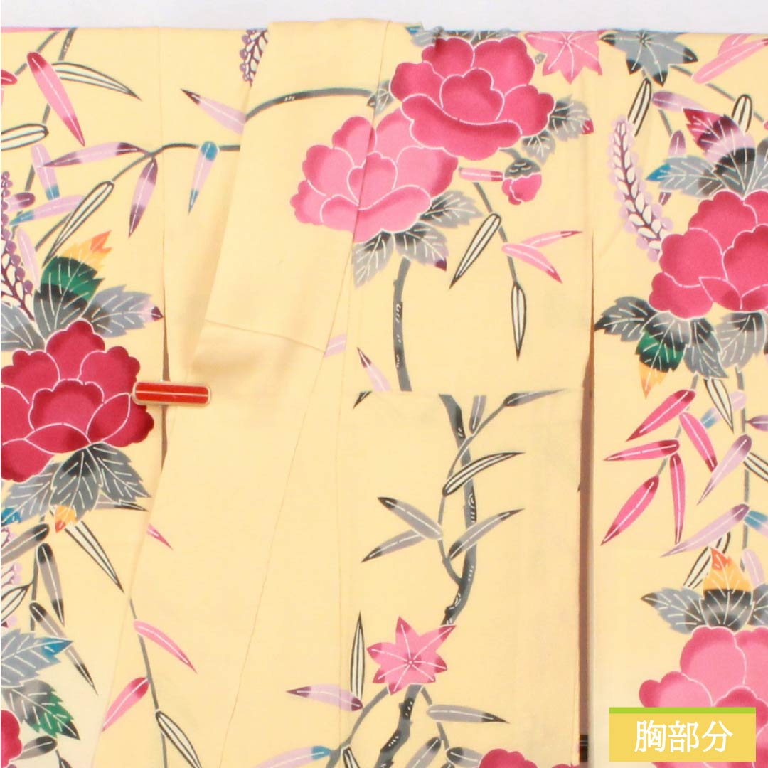 振袖 正絹 Aランク 身丈161cm 裄丈62.5cm 袷 薄柑子色（うすこうじいろ） 京紅型 牡丹 藤 ちりめん地 橙系 1113002403426