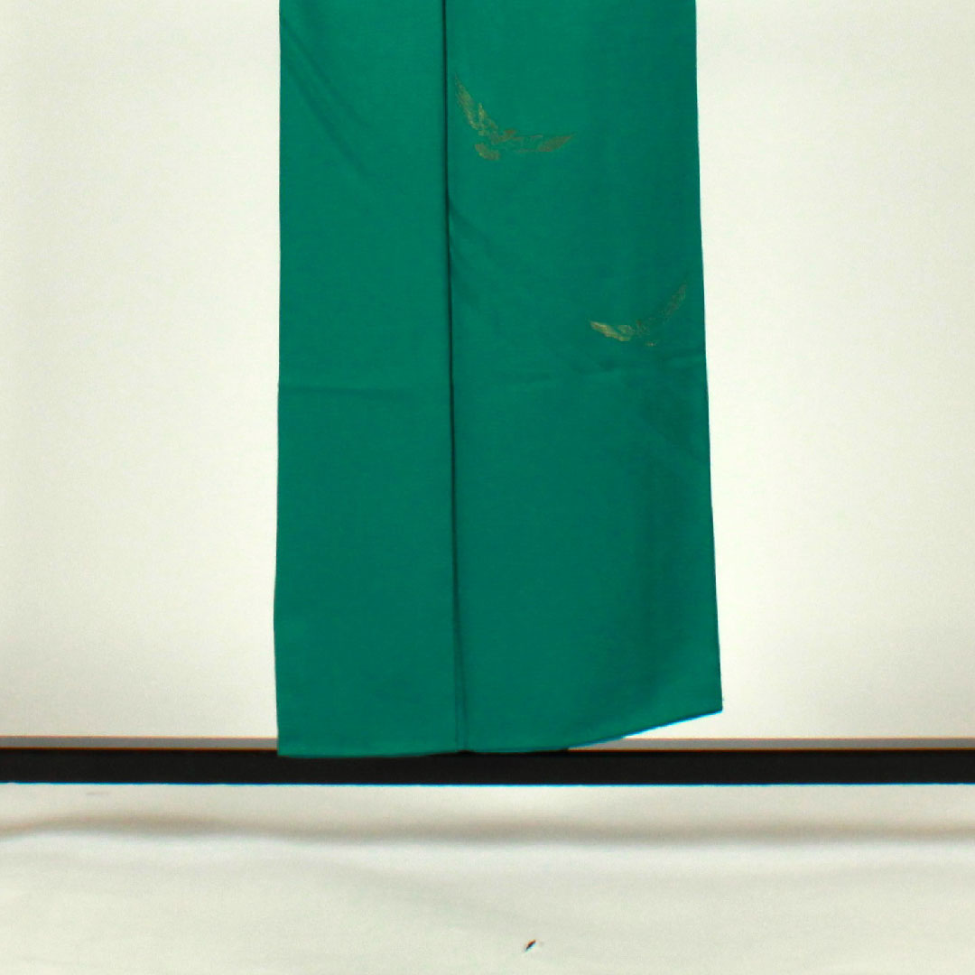 色無地 斉藤三才 三才鳥  身丈152.5cm 裄丈65.5cm 袷  正絹 Aランク 緑系 1114000443219