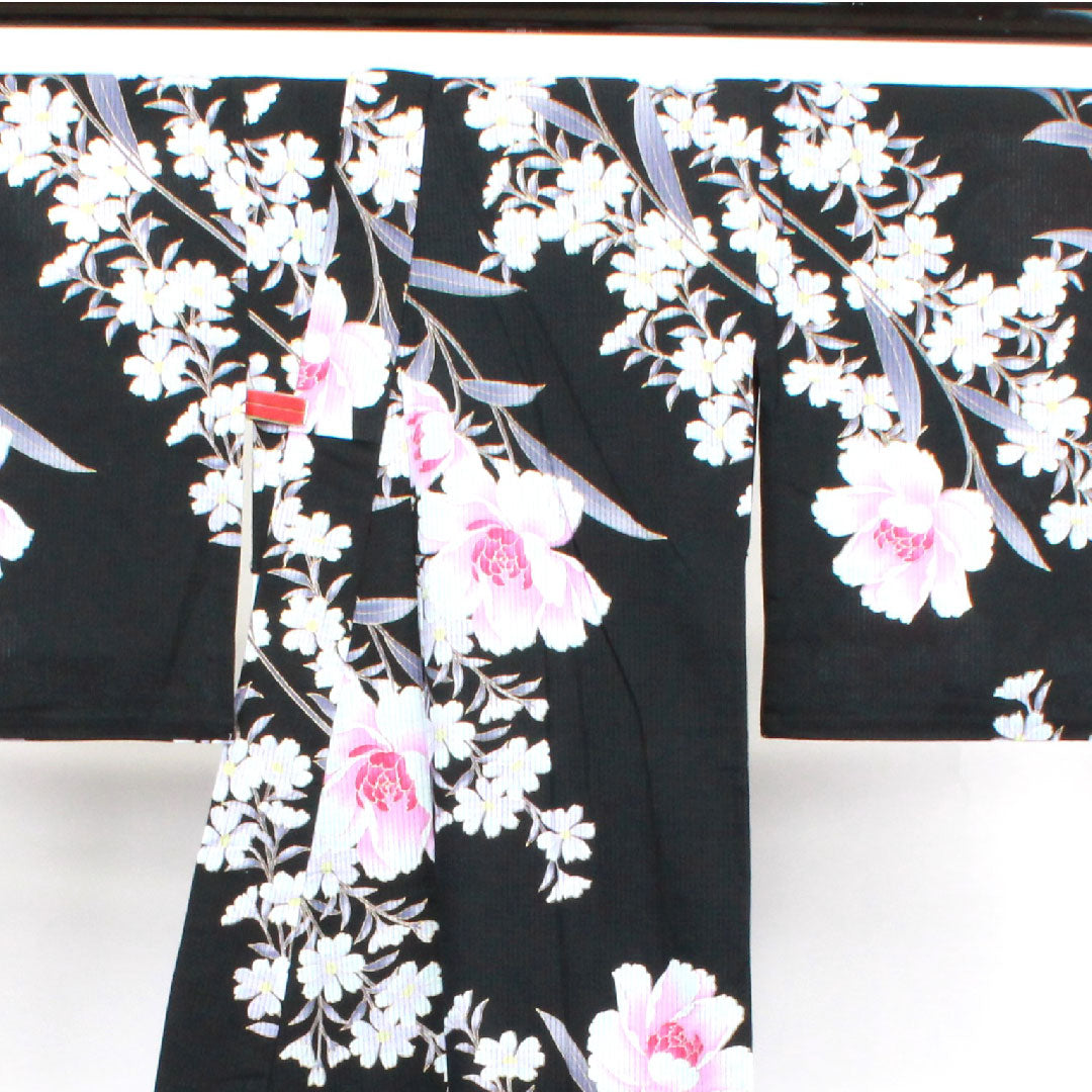 Yukata Peony Cotton S Rank Single Layer Length 158cm Sleeve Length 67.5cm Black 1118002112310