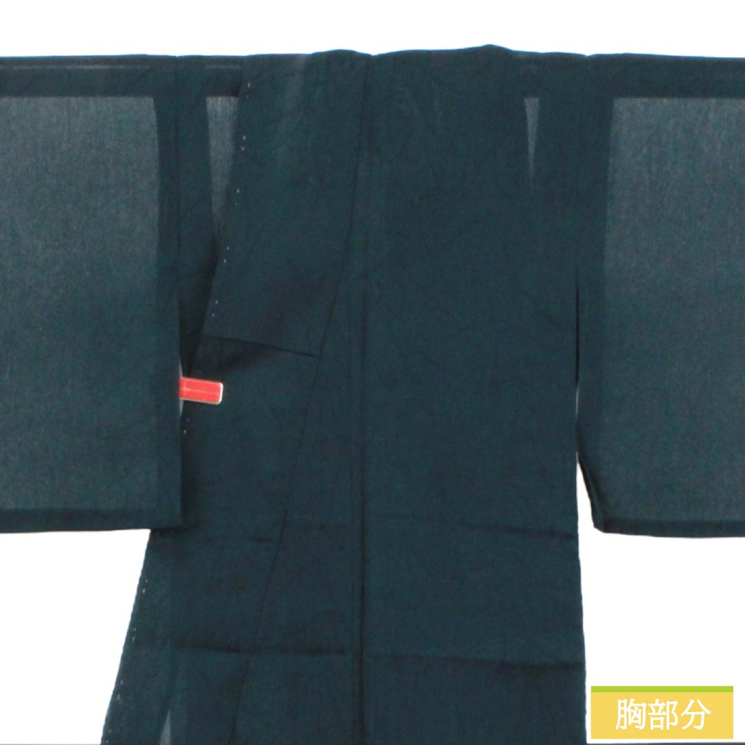 夏物 ポリエステル 色無地 Aランク 身丈160cm 裄丈63.5cm 青墨色（あおずみいろ） 草花模様 縮風 紗 緑系 1132004623419