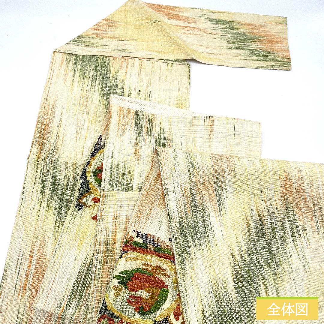 Nagoya obi, off-white, Greek pattern, pongee fabric, obi length 353.5cm, pure silk, S rank, point pattern, casual, cream color, 1124005992315, pine needle style
