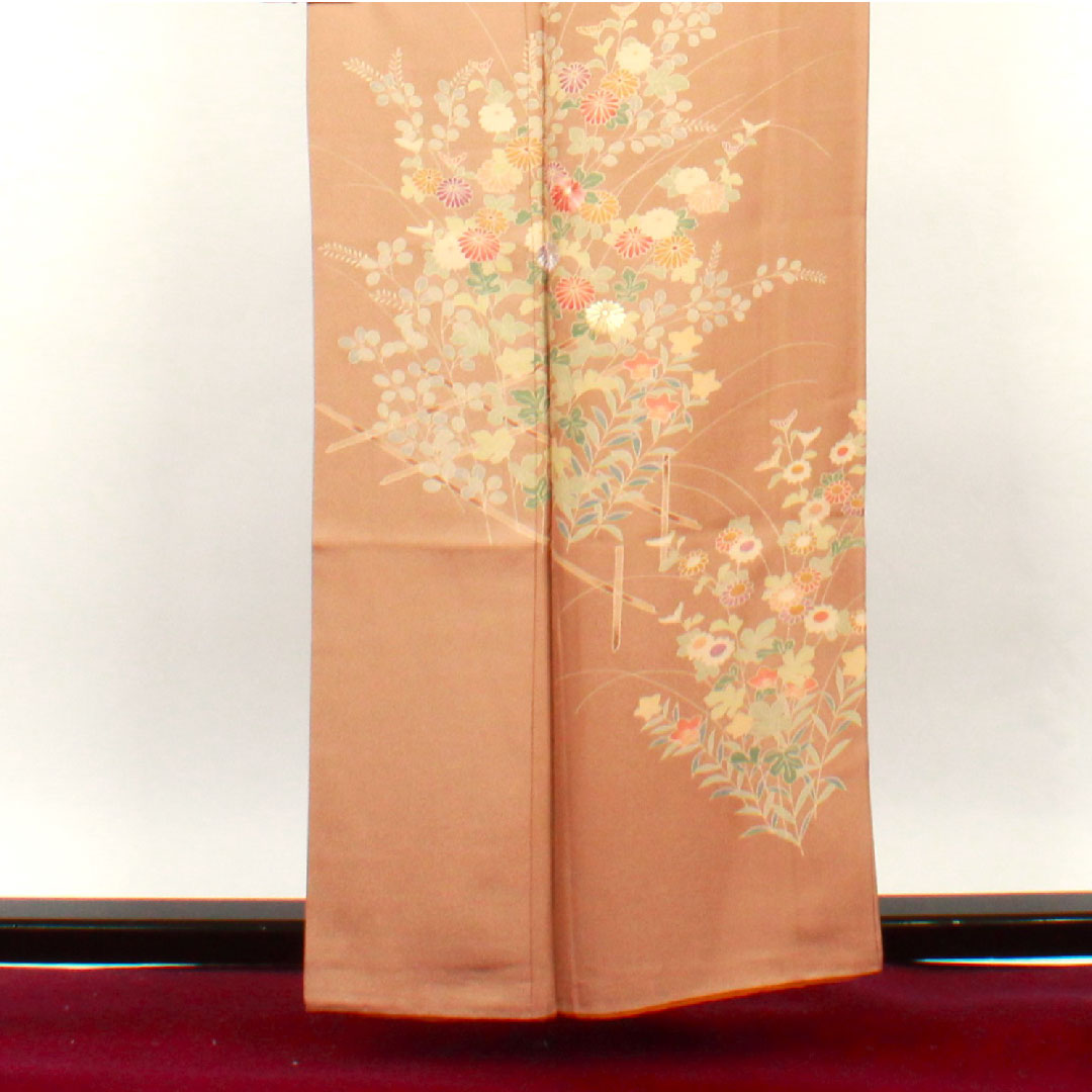 Homongi, lined, length 159cm, sleeve length 64cm, Shiba dyeing, floral pattern, pure silk, S rank, brown, 1112001582314