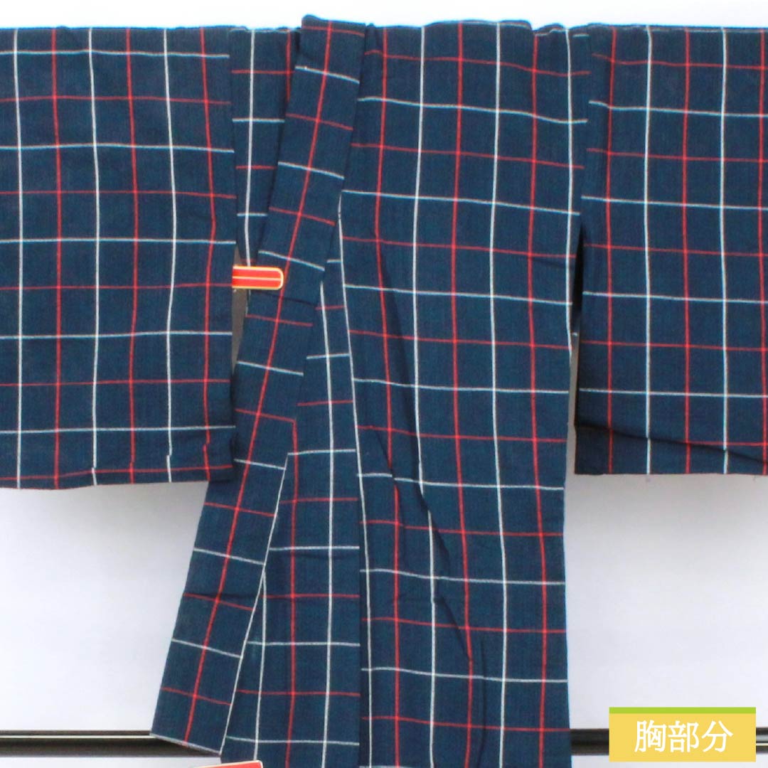 Cotton Yukata, Length 142cm, Sleeve Length 63cm, Rank B, Single Layer, Navy Blue, Shijira Weave, Red and White Check Pattern, 1118005834118