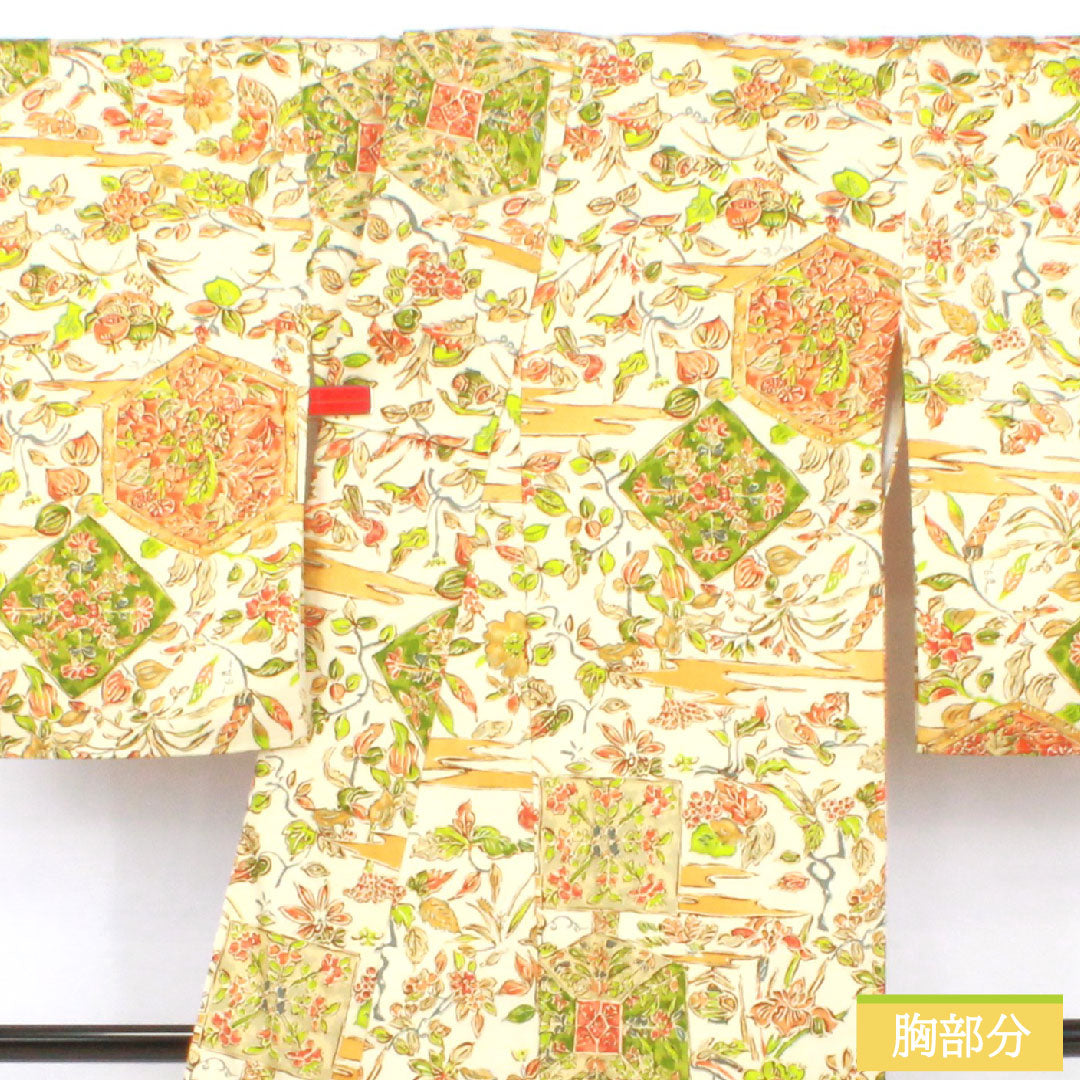 Small pattern, polyester, length 156cm, sleeve length 63cm, lined, milky white, chintz style, washable kimono, A rank, cream color, 1115004503315