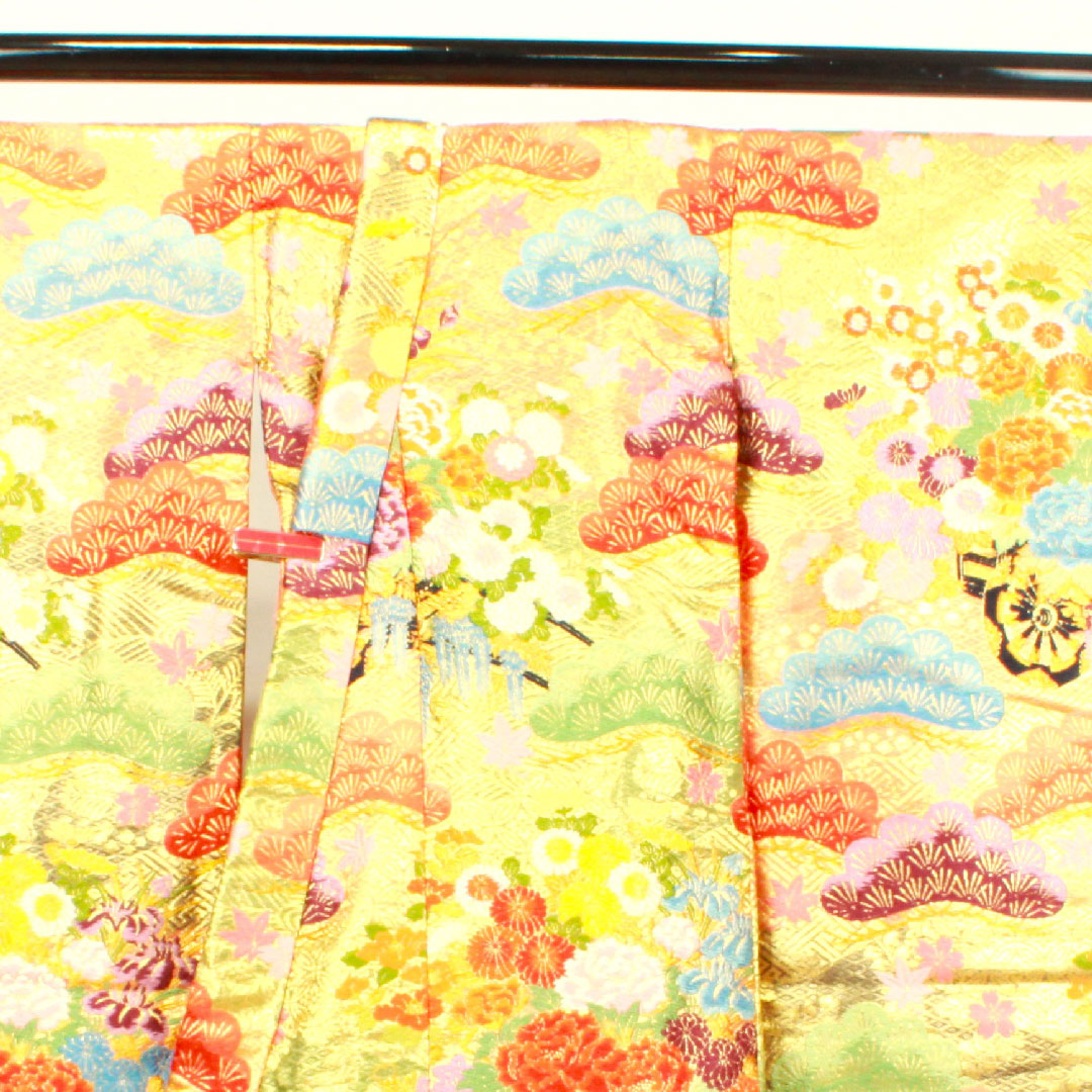色打掛 身丈195cm  唐織 松 菊 花車 正絹 Sランク 袷 朱系 1110000412916