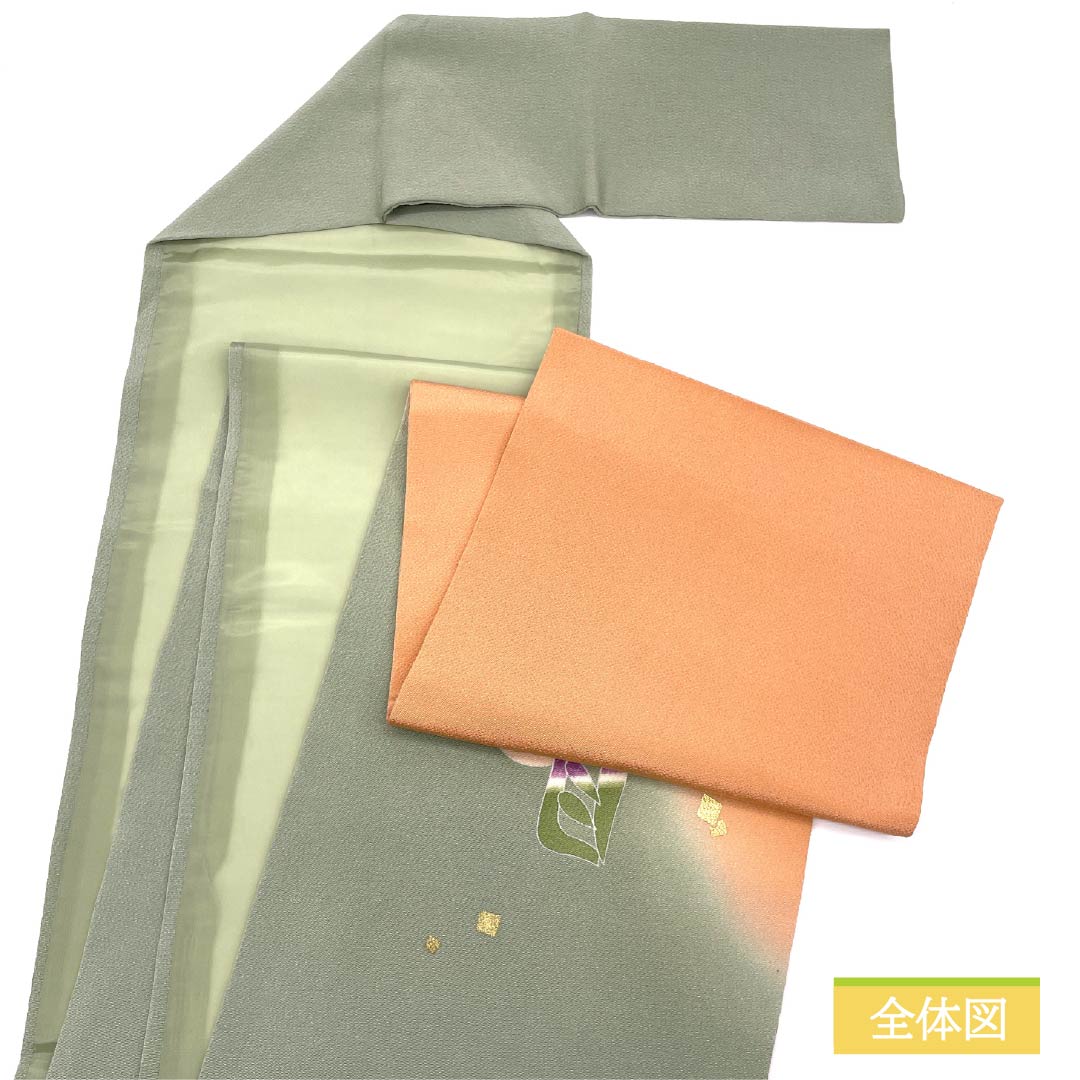 Nagoya obi, Ura-iro (back leaf color), crepe fabric, dyed obi, Setsugekka, obi length 364cm, pure silk, S rank, point pattern, casual, green, 1124007042319, Matsuba style