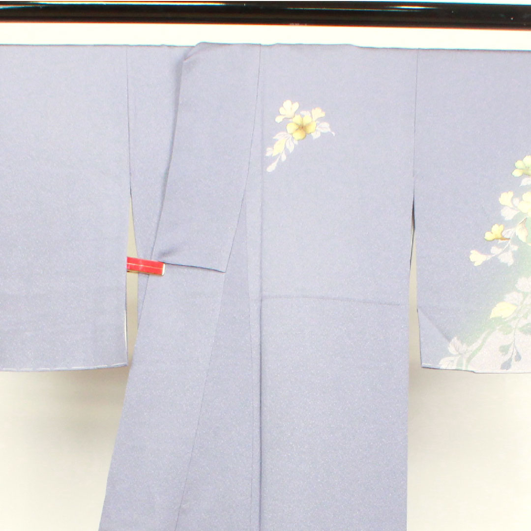Homongi, lined, length 156cm, sleeve length 64cm, with basting thread, unused, sousui gray, Kyo-Yuzen, artist's work, floral pattern, pure silk, S rank, gray 1112002582322