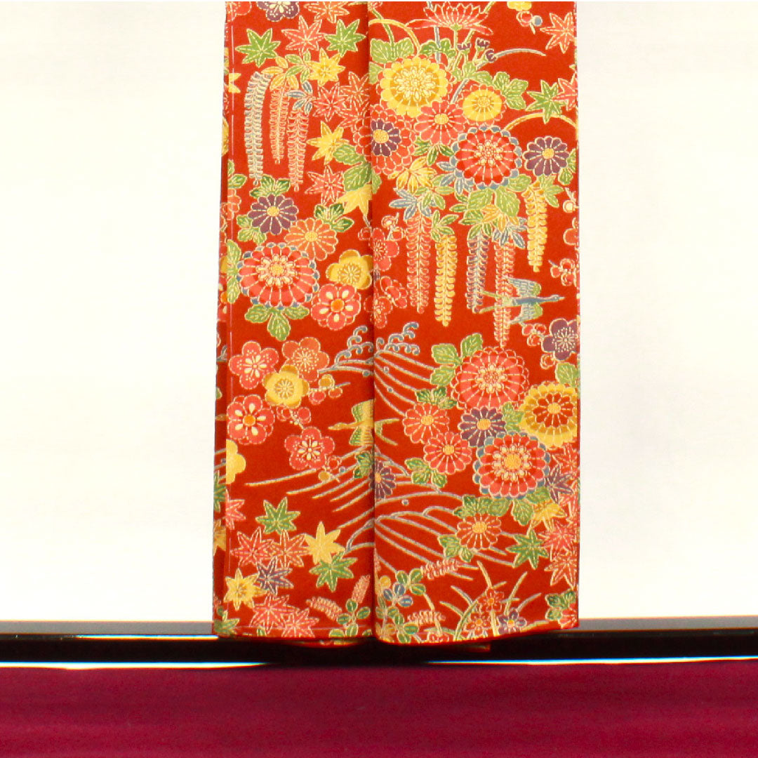 小紋 身丈154cm 裄丈61cm 袷  猩々茶色 型染 菊 梅 草花模様  正絹 Sランク 茶系 1115002652214