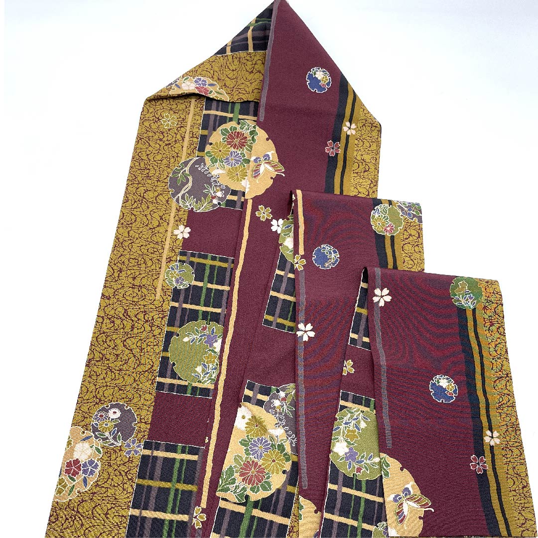 Nagoya obi, rosewood color, classic pattern, snowflake, butterfly, floral pattern, obi length 377cm, polyester, S rank, full length, casual, purple, 1124005052320, Nagoya style
