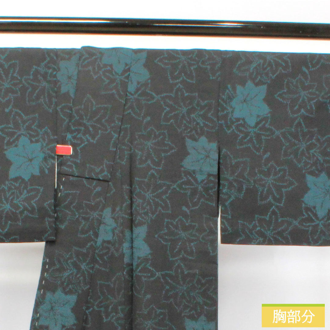 紬 正絹 身丈151.5cm 裄丈62cm  紅葉 Aランク 単衣 黒系 1116003153210