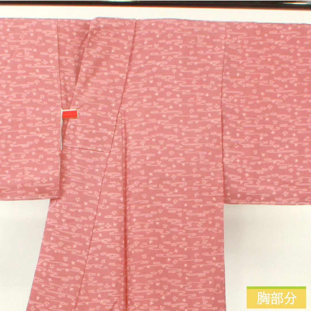 Small pattern, pure silk, length 156cm, sleeve length 63.5cm, lined, red obi (taikoshoku), Living National Treasure Nanbu Yoshimatsu, running water, Ise katagami, S rank, pink, 1115004112313