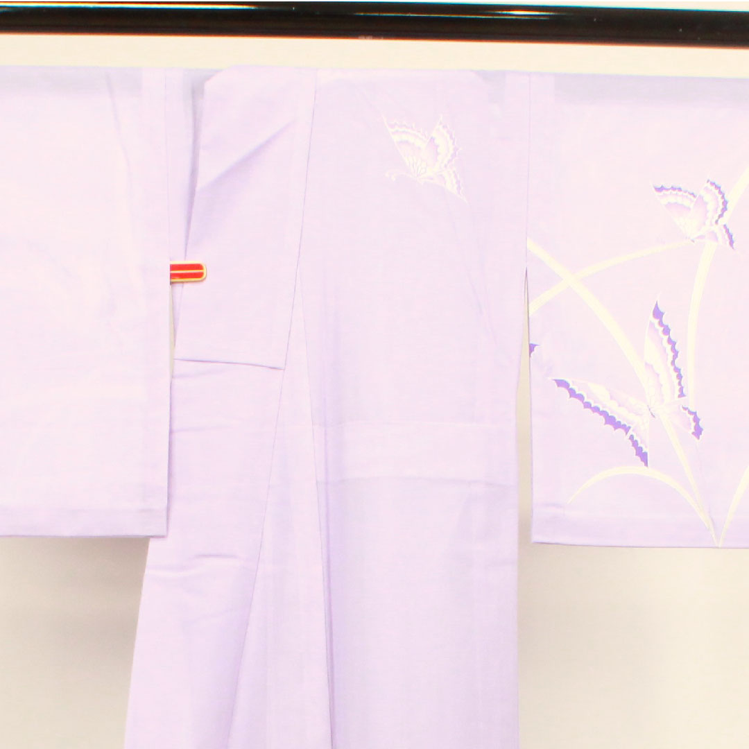 夏物 ポリエステル 訪問着 身丈152cm 裄丈61.5cm 淡紫色（たんししょく） 洗える着物 蝶 絽 Sランク 紫系 1132000682220