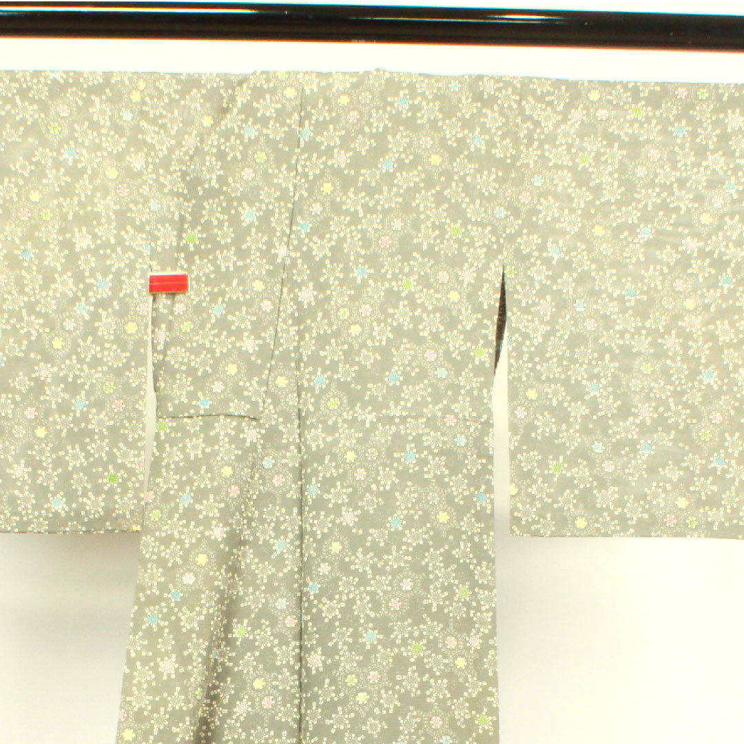 夏物 正絹 小紋 身丈149cm 裄丈63.5cm 柳鼠色（やなぎねずいろ） 菊 亀甲 絽 Sランク グレー系 1132000732122