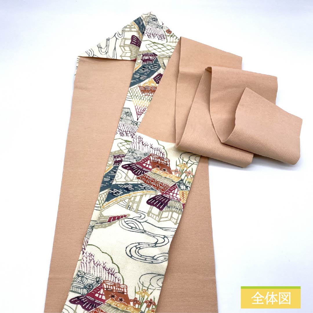 名古屋帯 生成り色（きなりいろ） 型染 紬地 風景模様 帯丈363cm 正絹 Sランク 全通 カジュアル クリーム系 1124007892315 名古屋仕立て