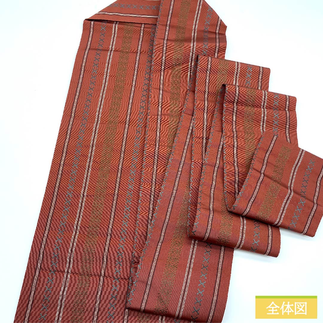 Nagoya obi, shrimp red, Hakata weave, Kenjo pattern, Hakata obi, obi length 363cm, pure silk, S rank, full length, casual, brown, 1124005832314, Nagoya style