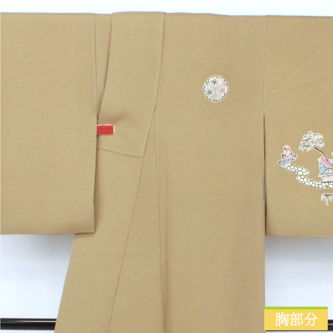 訪問着 正絹 Aランク 袷 身丈160cm 裄丈62.5cm 丁子煤竹色（ちょうじすすたけいろ） 琉球紅型 雪輪 鳳凰 風景 パールトーン加工 ベージュ系 1112007273425