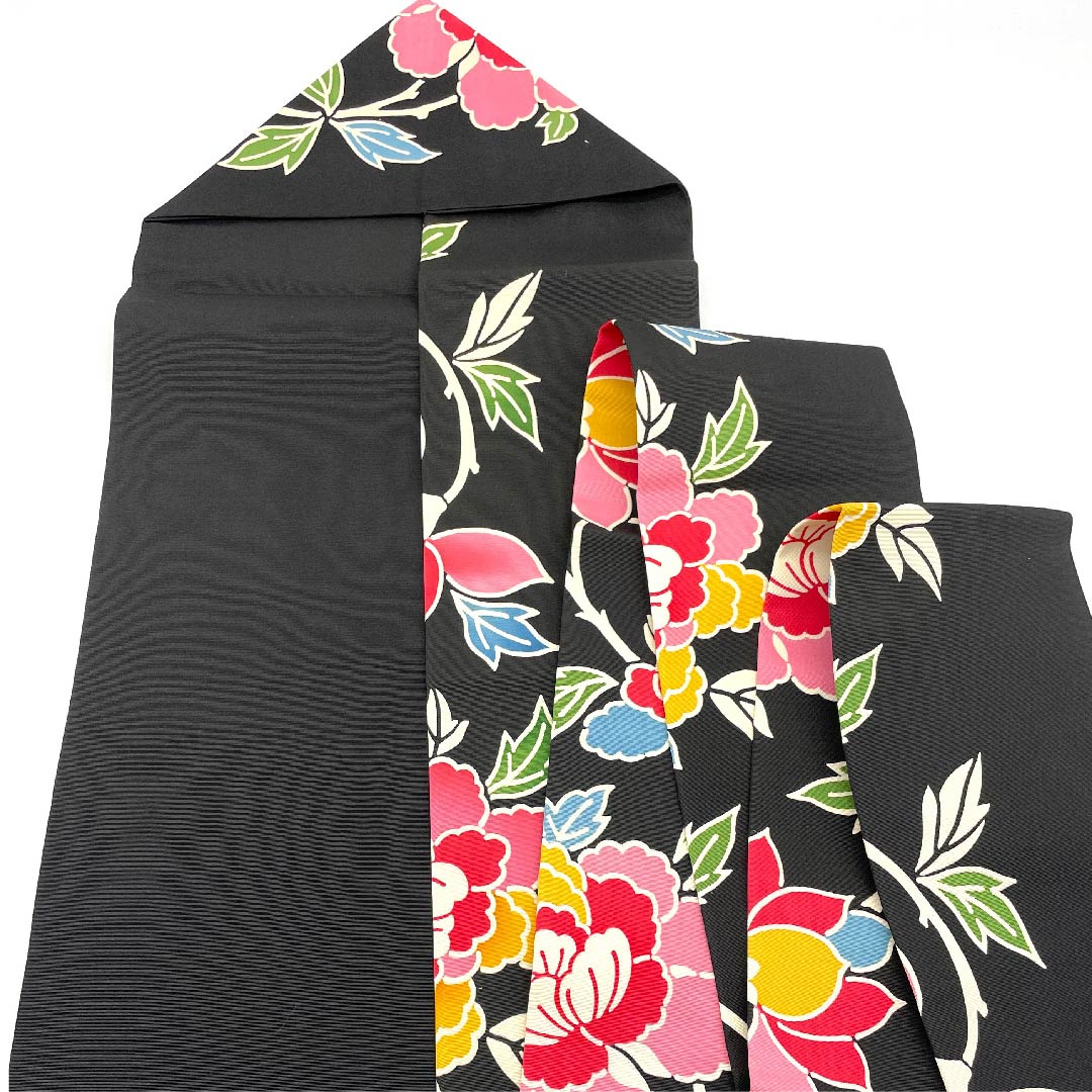 Nagoya obi, black, stencil dyed, floral pattern, obi length 370cm, pure silk, high quality, full length, casual, black, 1124004323310, Nagoya style