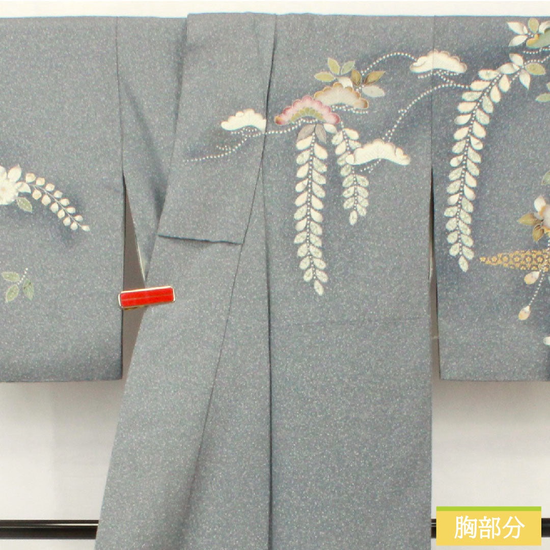 訪問着 正絹 袷 身丈155cm 裄丈63.5cm 青袋鼠色（せいたいねずいろ） 辻ヶ花 タタキ染 一つ紋 花紋 Sランク グレー系 1112005142322