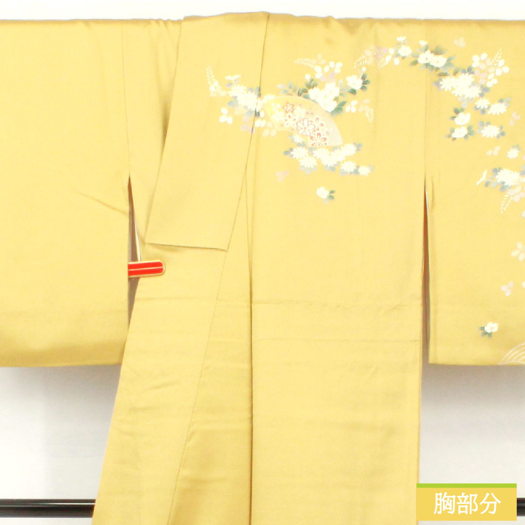 Homongi, pure silk, lined, length 156.5cm, sleeve length 63cm, faint yellow, Kyoto Yuzen, cherry blossom, chrysanthemum, bush clover, A rank, yellow, 1112005243323