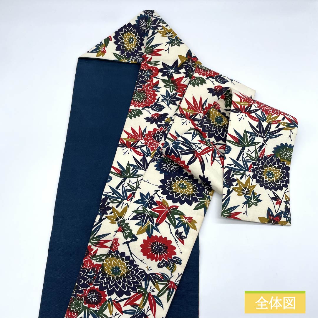 Nagoya obi, natural color (kinari-iro), stencil-dyed, chrysanthemum, autumn leaves, obi length 352cm, cotton, S rank, full length, casual, cream color, 1124008062315, Nagoya style