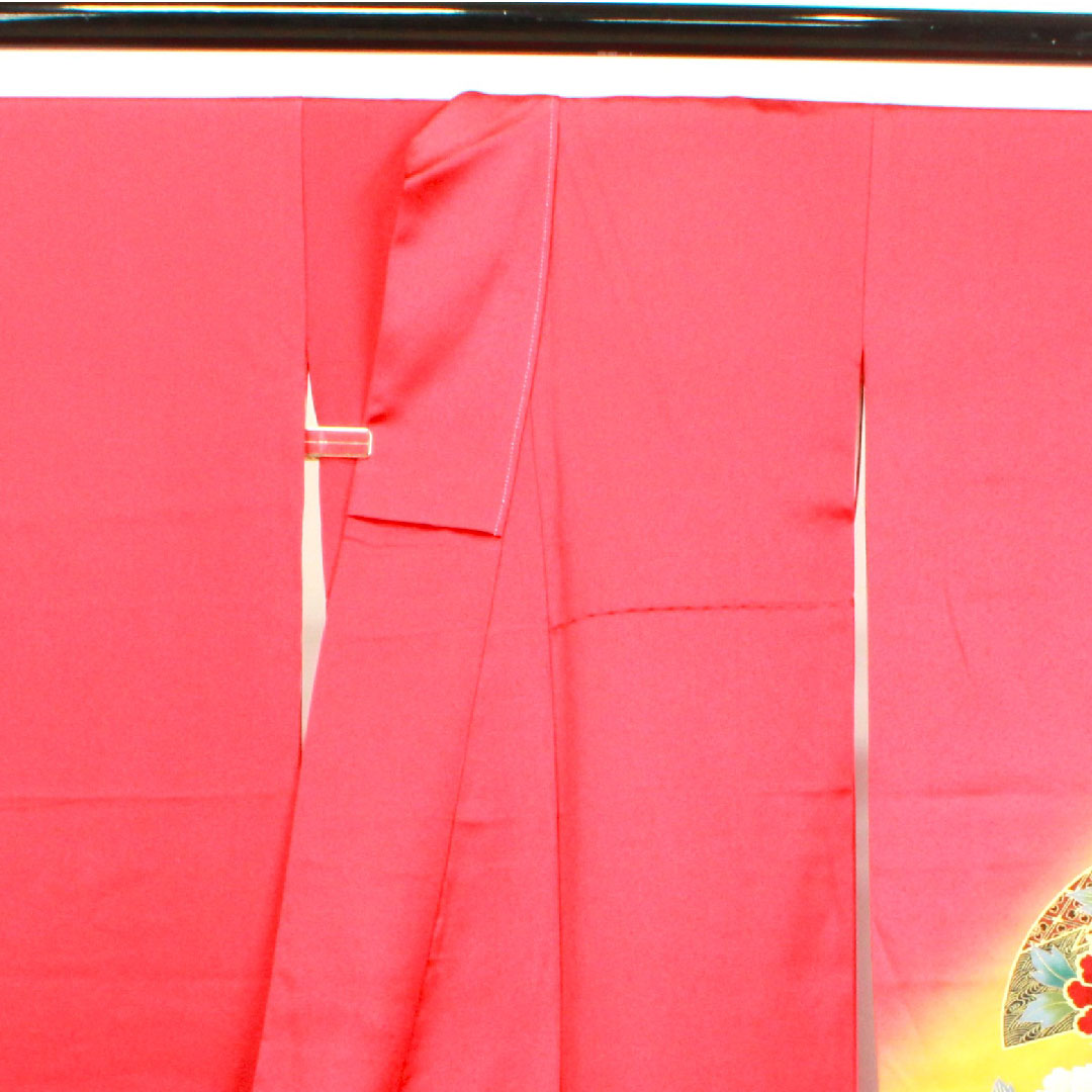 振袖 身丈153.5cm 裄丈63cm 袷  赤紅色 京友禅 草花模様  正絹 Aランク 赤系 1113001523212