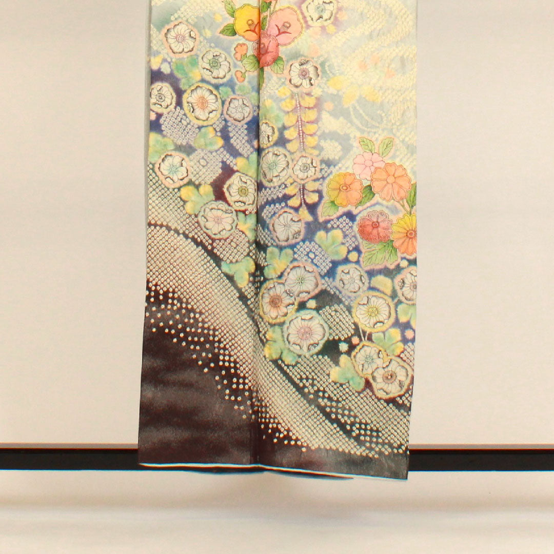 Homongi, lined, length 159cm, sleeve length 66cm, Tsujigahana, silver thread, artist's work, pure silk, S rank, gray, 1112000532322