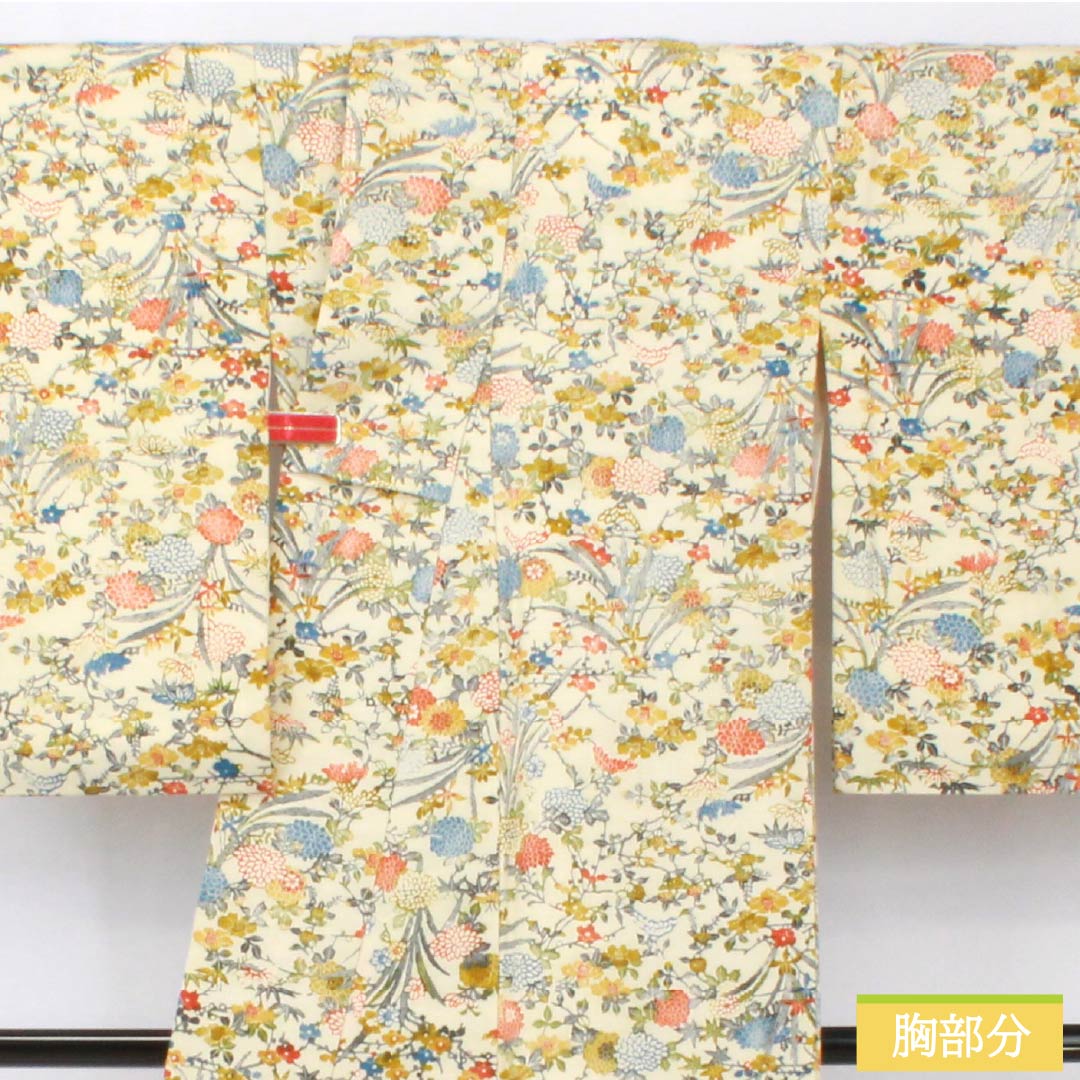 小紋 正絹 身丈154.5cm 裄丈63.5cm 袷 象牙色（ぞうげいろ） 型染 草花模様 Sランク クリーム系 1115005492215