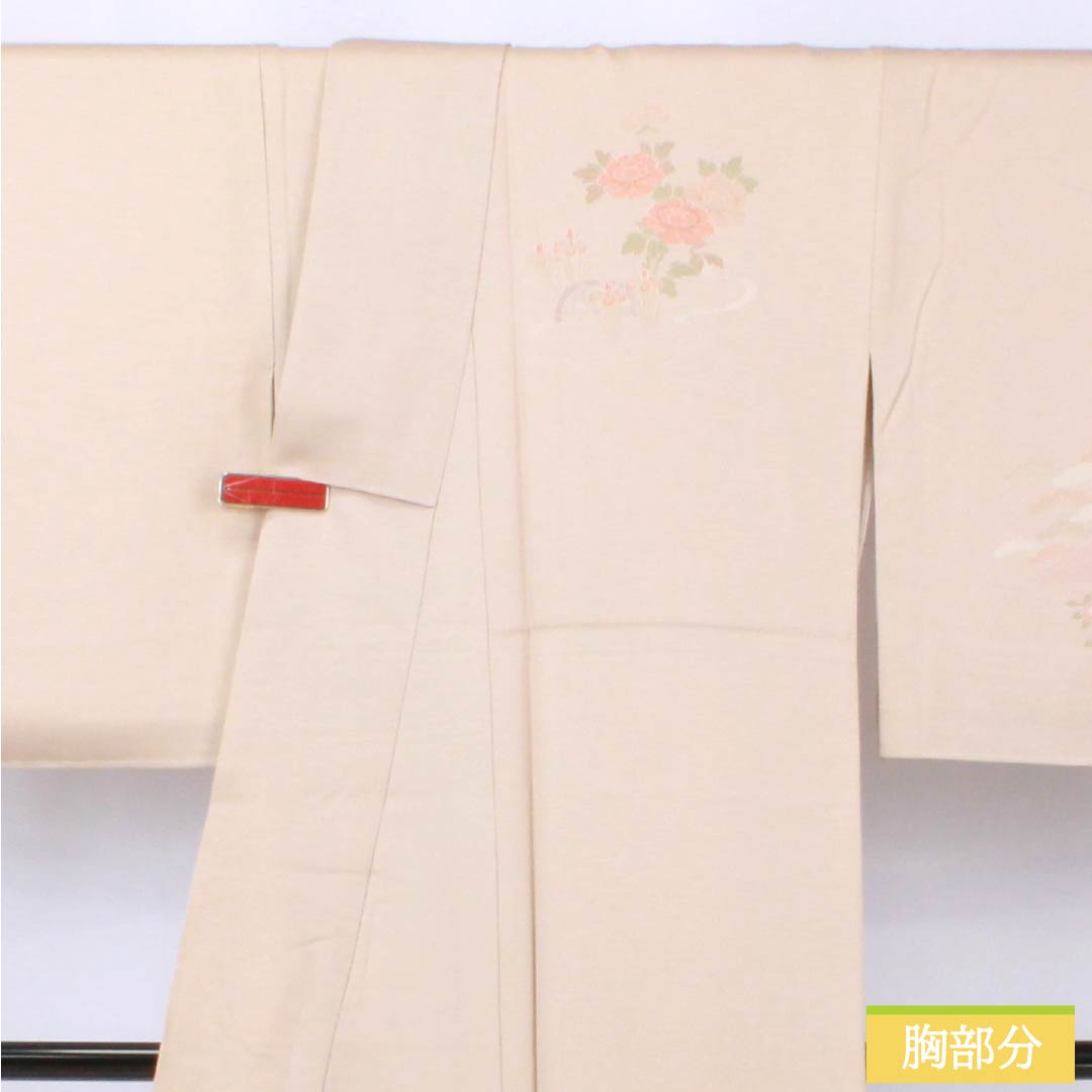 Visiting Kimono, Pure Silk, S-Rank, Lined, Length 159cm, Sleeve Length 68cm, Okina Brown (Okina-chairo), Kyoto Yuzen, Tsukesage, Suzhou Embroidery, Floating Carriage, Fan Design, Pink, Product Number: 1112006622313