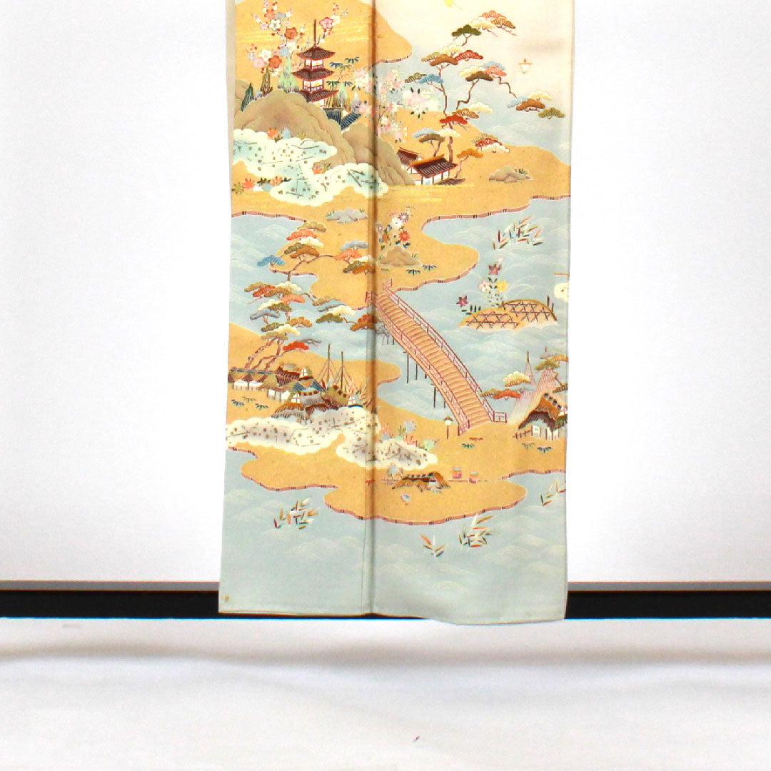 Colored Tomesode, Length 157cm, Sleeve Length 64cm, Lined, Tokyo Yuzen, Pure Silk, B Rank, Three Crests, Cream Color, 1111000284315