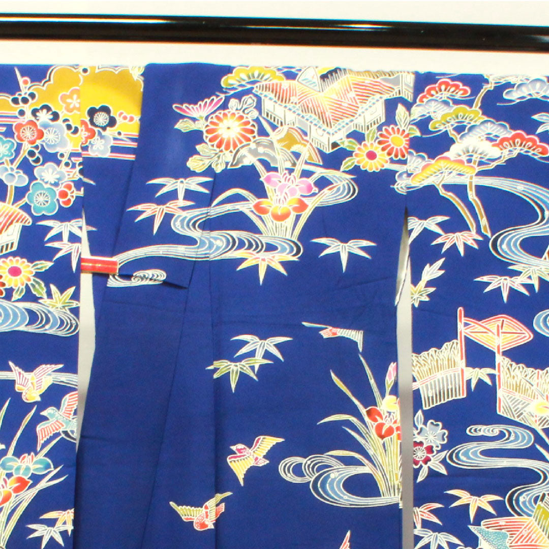 振袖 身丈167.5cm 裄丈68cm 袷  瑠璃色 京紅型 吉祥文様  正絹 Aランク 紺系 1113001773518